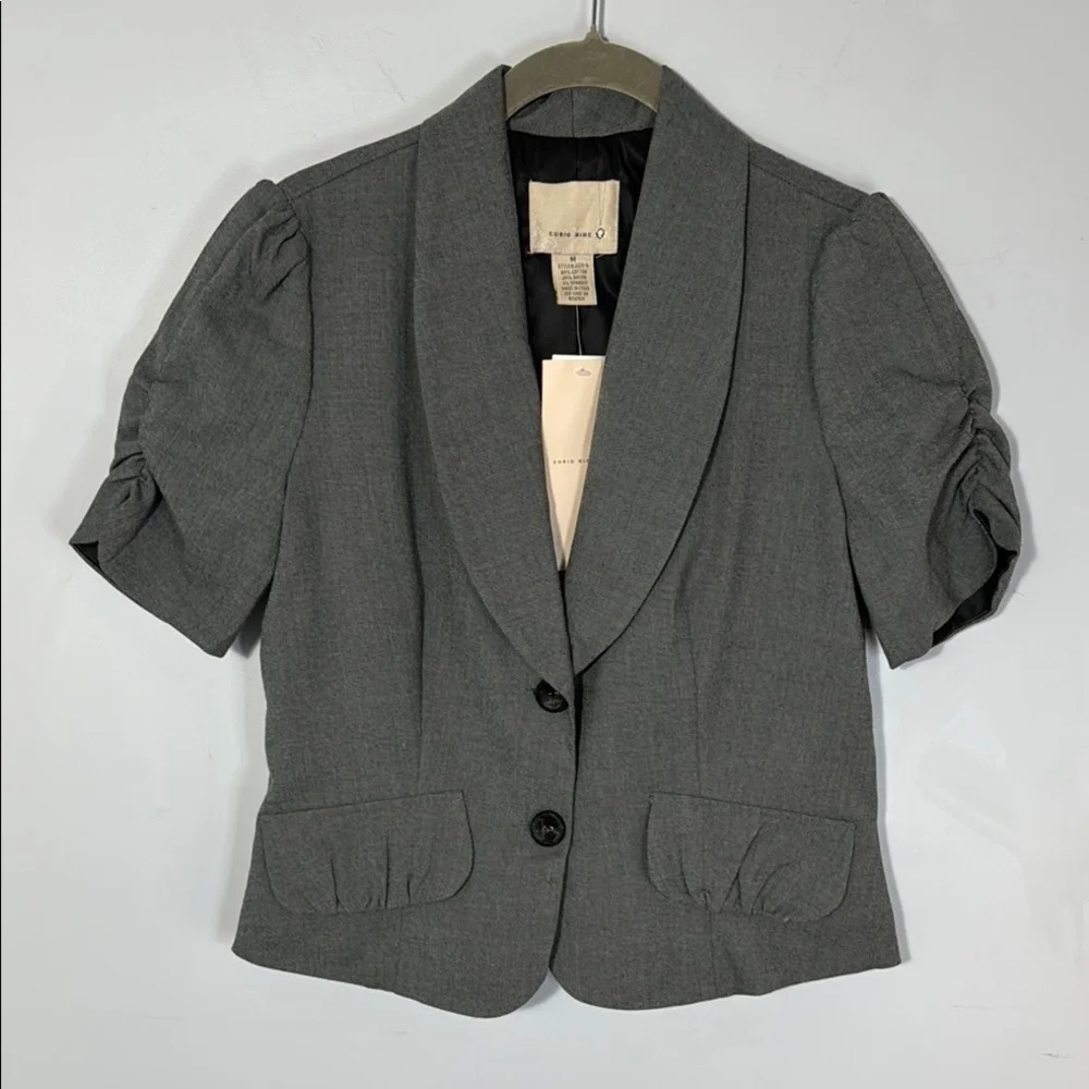 Curio Nine Blazer Grey Crop Ruched Puff‎ Sleeve in Size M  NWT